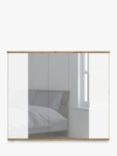 John Lewis Elstra 250cm Wardrobe with White Glass and Mirrored Hinged Doors, White Glass/Bianco Oak