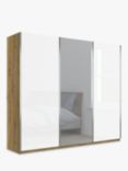 John Lewis Elstra 250cm Wardrobe with Glass and Mirrored Sliding Doors, White Glass/Bianco Oak