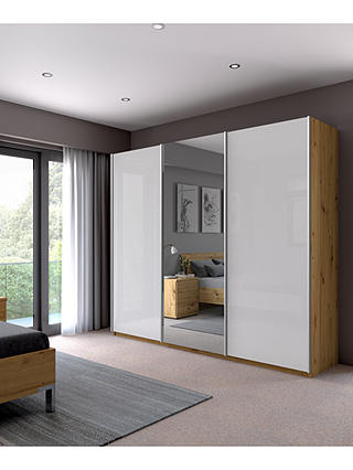John Lewis & Partners Elstra 250cm Wardrobe with White Glass and Mirrored Sliding Doors, Bianco Oak