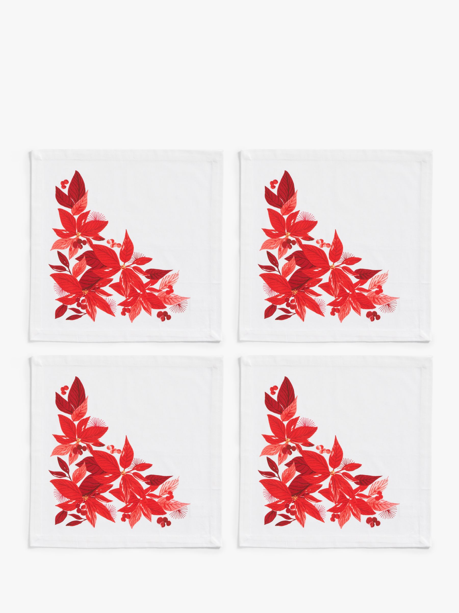 John Lewis Poinsettia Cotton Napkins, Set of 4, White/Red