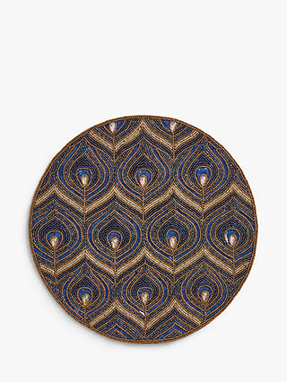 John Lewis & Partners Round Beaded Peacock Pattern Placemat, Blue