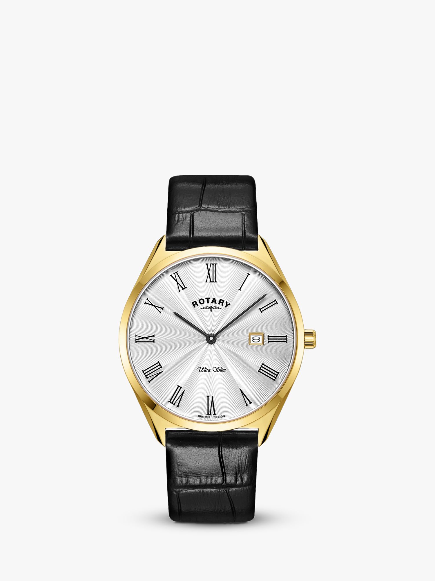 Rotary Men&#39;s Ultra Slim Date Leather Strap Watch, Black/White GS08013/01 at John Lewis & Partners