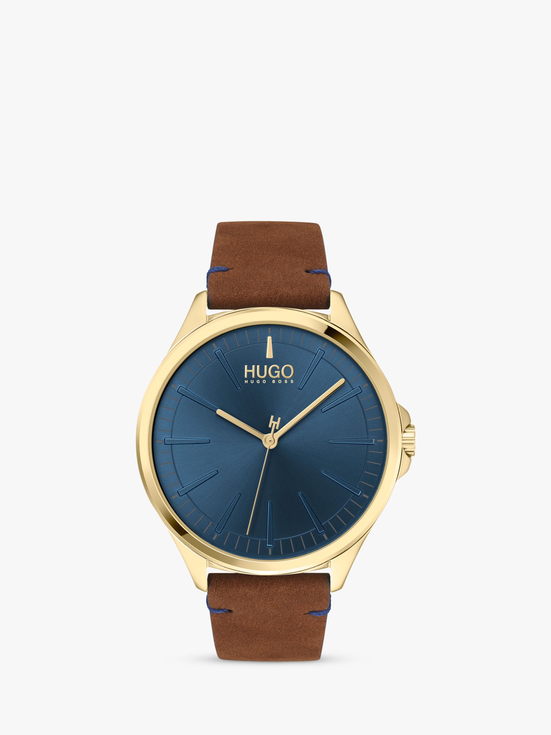 HUGO 1530134 Men's SMASH Leather Strap Watch, Tan/Blue at John Lewis ...
