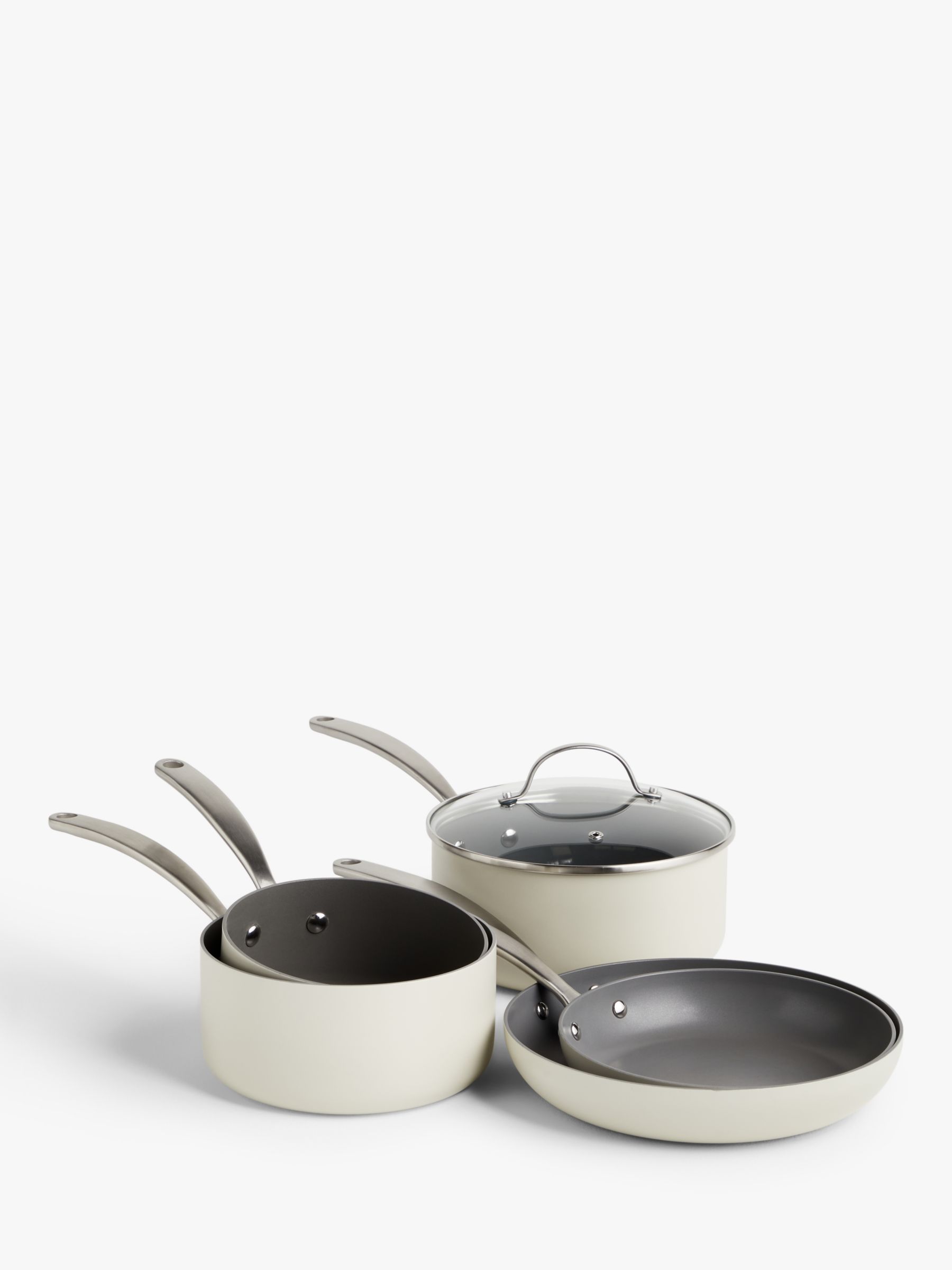 John Lewis & Partners Country Non-Stick Lidded Saucepan & Frying Pan Set, 5 Piece, Natural