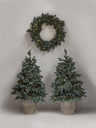 John Lewis & Partners Pair of Potted Pre-Lit Christmas Trees and Wreath, 3ft