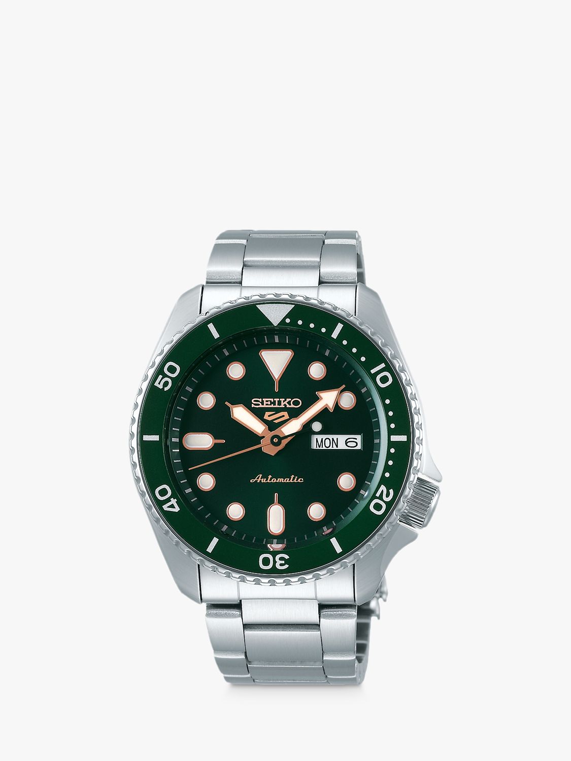 Seiko Men's 5 Sports Automatic Day Date Bracelet Strap Watch, Silver/Green  at John Lewis & Partners