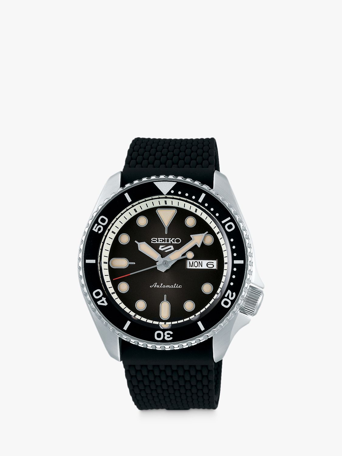 Seiko SRPD73K2 Men's 5 Sports Automatic Day Date Rubber Strap Watch, Black  at John Lewis & Partners
