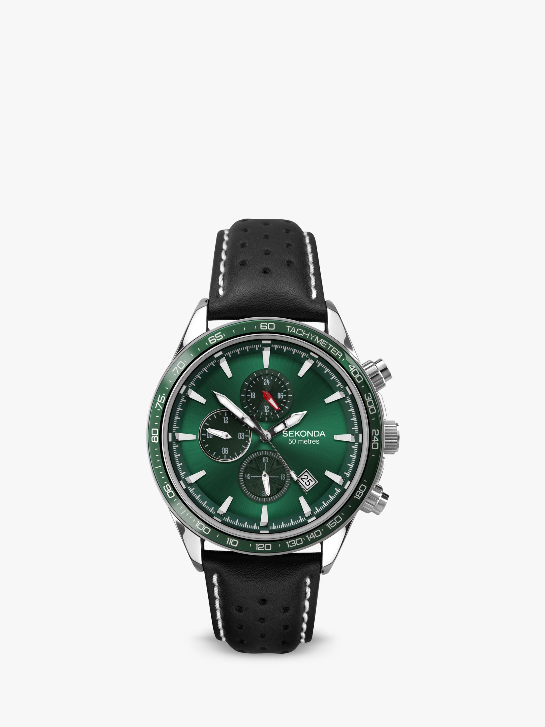 Sekonda 1862.27 Men&#39;s Chronograph Date Leather Strap Watch, Black/Green at John Lewis & Partners