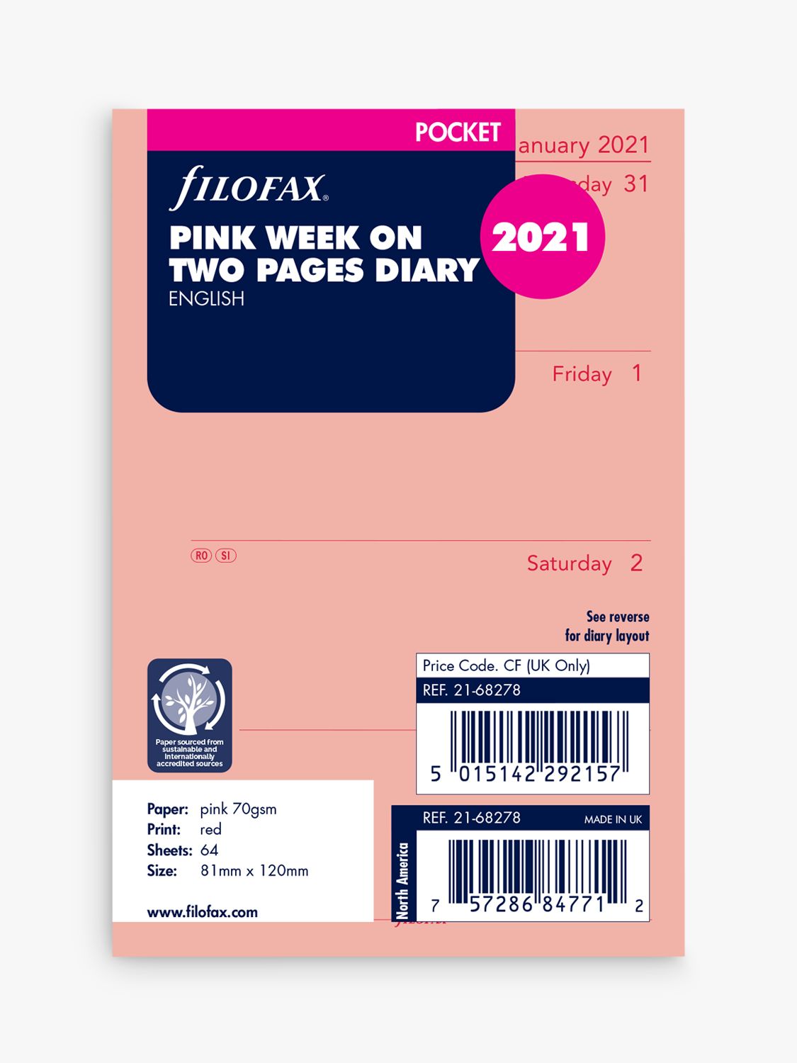 Filofax Pocket Week-To-View Personal Organiser Insert, 2020-21, Pink