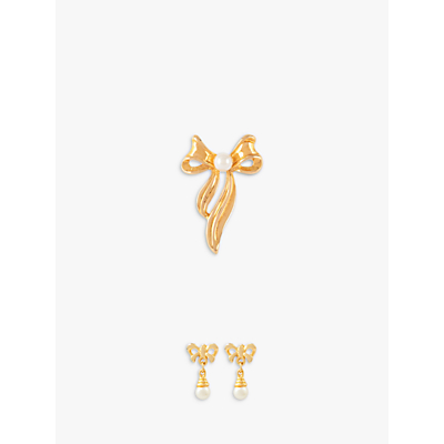 Susan Caplan Vintage Gold Plated Faux Pearl Bow Drop Earrings and Brooch Jewellery Gift Set, Gold