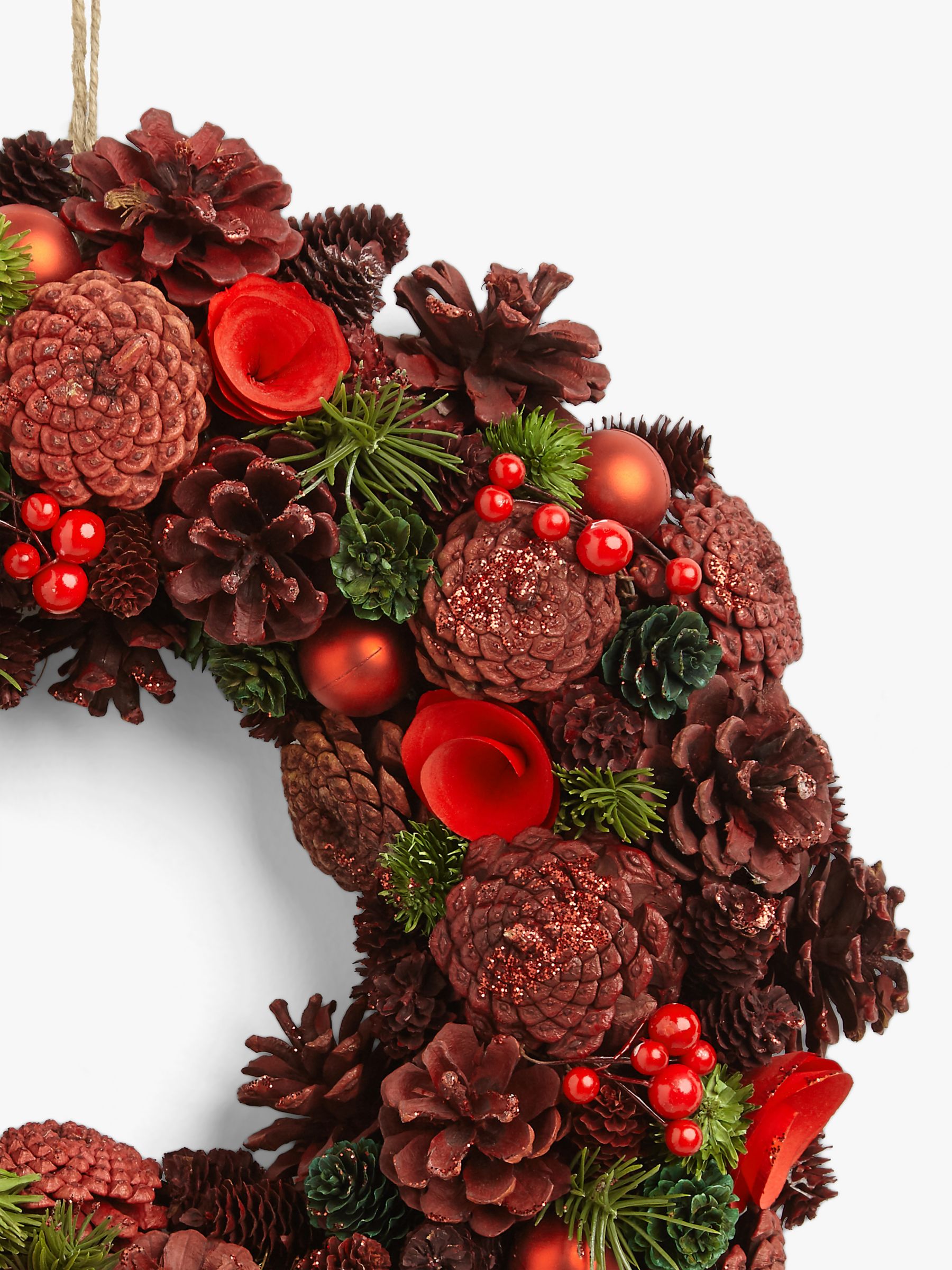 John Lewis &amp; Partners Art of Japan Red Glitter Pine Cone Wreath at John