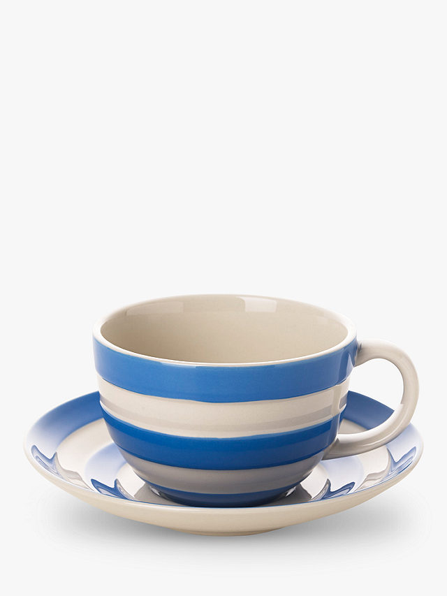 Cornishware Striped Cup & Saucer, 340ml, Blue/White