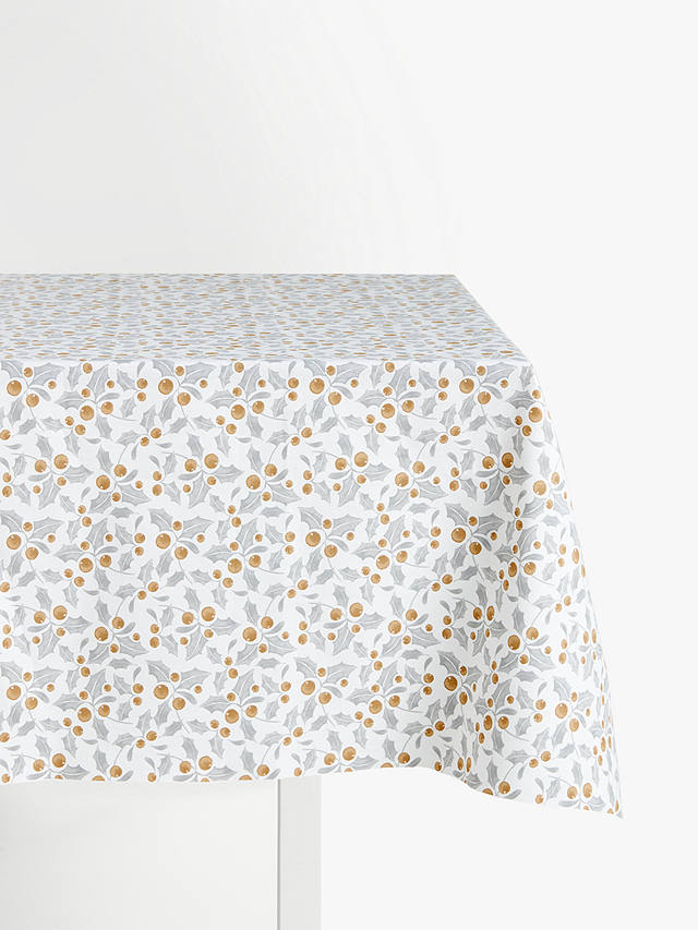John Lewis & Partners Classic Holly PVC Tablecloth Fabric, Silver/Gold