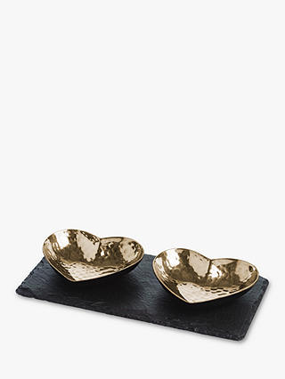 The Just Slate Company Slate Serving Board & Heart-Shaped Hammered Metal Bowls Set, Black/Gold