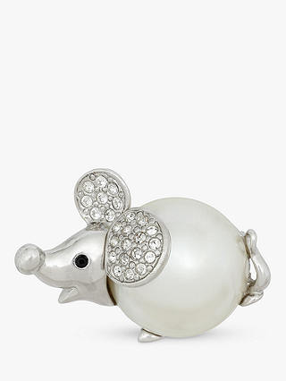 Eclectica Vintage Rhodium Plated Swarovski Crystal and Pearl Mouse Brooch, Silver/White