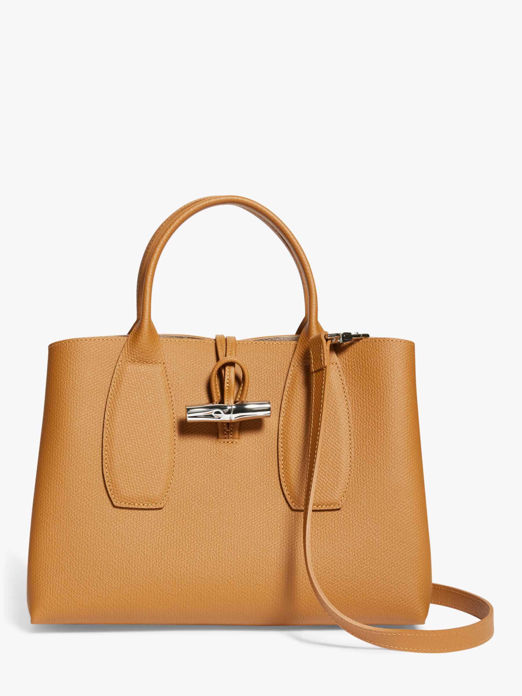 Longchamp Roseau Medium Leather Top Handle Bag, Natural at John Lewis ...