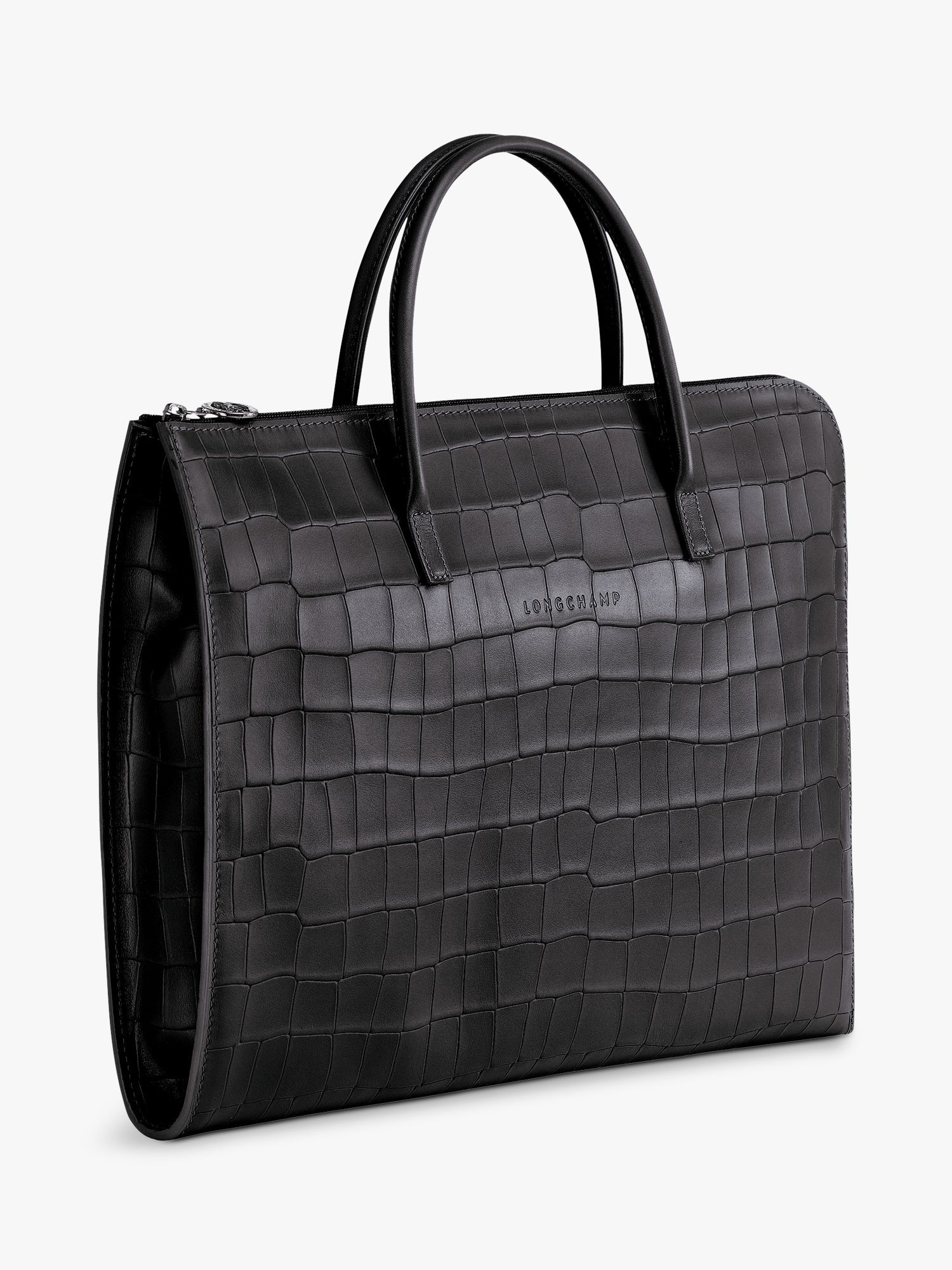 Longchamp Croco Block Leather Briefcase, Black