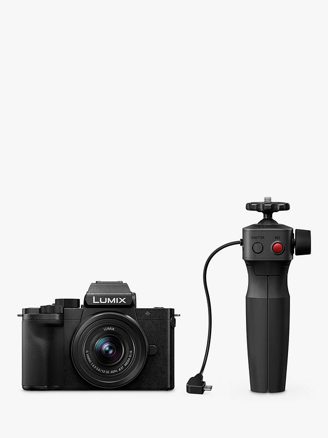 johnlewis.com | Panasonic Lumix DC-G100 Compact System Camera with 12-32mm IS Lens, 4K Ultra HD, 20.3MP, Wi-Fi, Bluetooth, Live Viewfinder, 3” Vari-Angle Touch Screen, Black & DMW-SHGR1 Tripod Grip