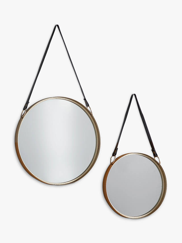 Marston Round Metal Frame Hanging, Round Mirror Leather Strap
