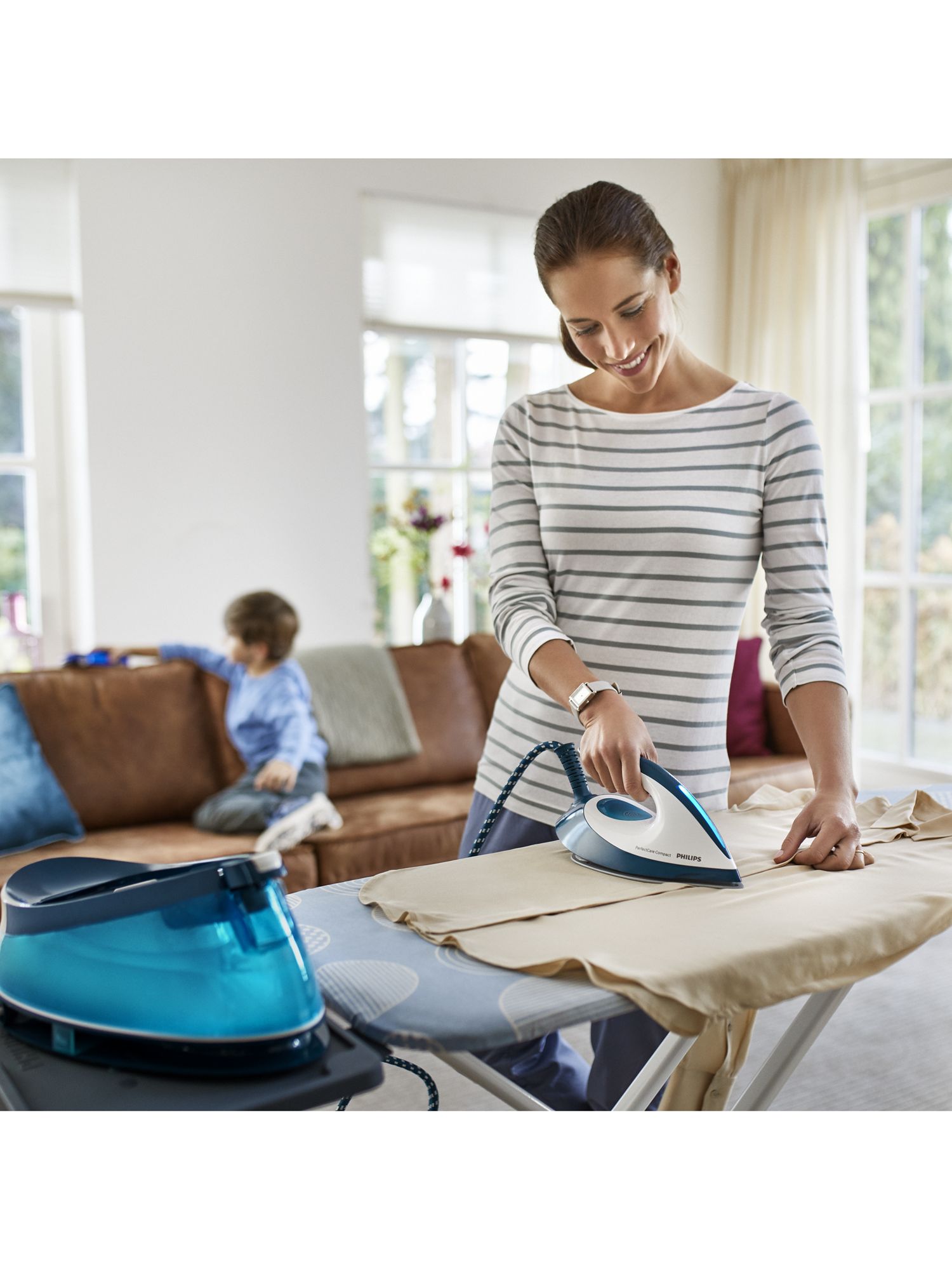 2400 W Blue and White Philips PerfectCare Compact Steam Generator Iron with 400 g Steam Boost GC7840/26 