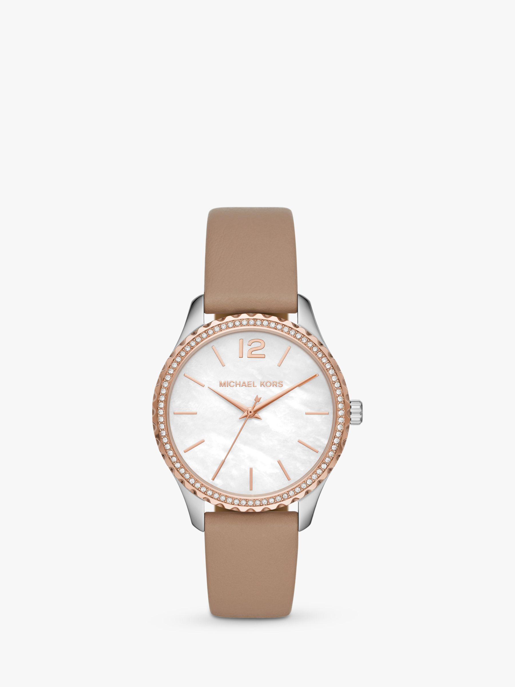 Michael Kors Women's Layton Crystal Leather Strap Watch, Truffle/Mother of  Pearl MK2910