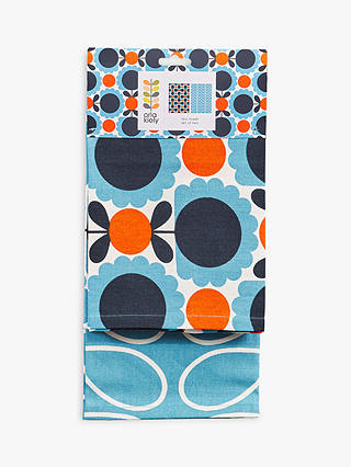 Orla Kiely Scallop Flower & Linear Stem Tea Towels, Set of 2, Sky Blue/Multi