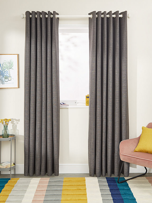 John Lewis Textured Weave Recycled Polyester Pair Blackout Lined Eyelet Curtains, Steel, W117 x Drop 137cm