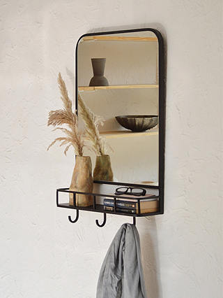 John Lewis Partners Ferro Metal Shelf Hooks Hallway Wall Mirror 84 X 53cm Black - Entryway Wall Shelf With Mirror