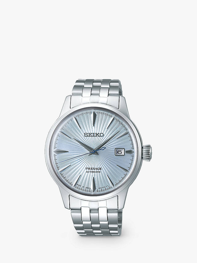 Seiko SRPE19J1 Men's Presage Automatic Date Bracelet Strap Watch, Silver/Light Blue