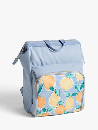 John Lewis & Partners Lemon Print Filled Picnic Cooler Backpack, 15L, 4 Person, Blue/Multi