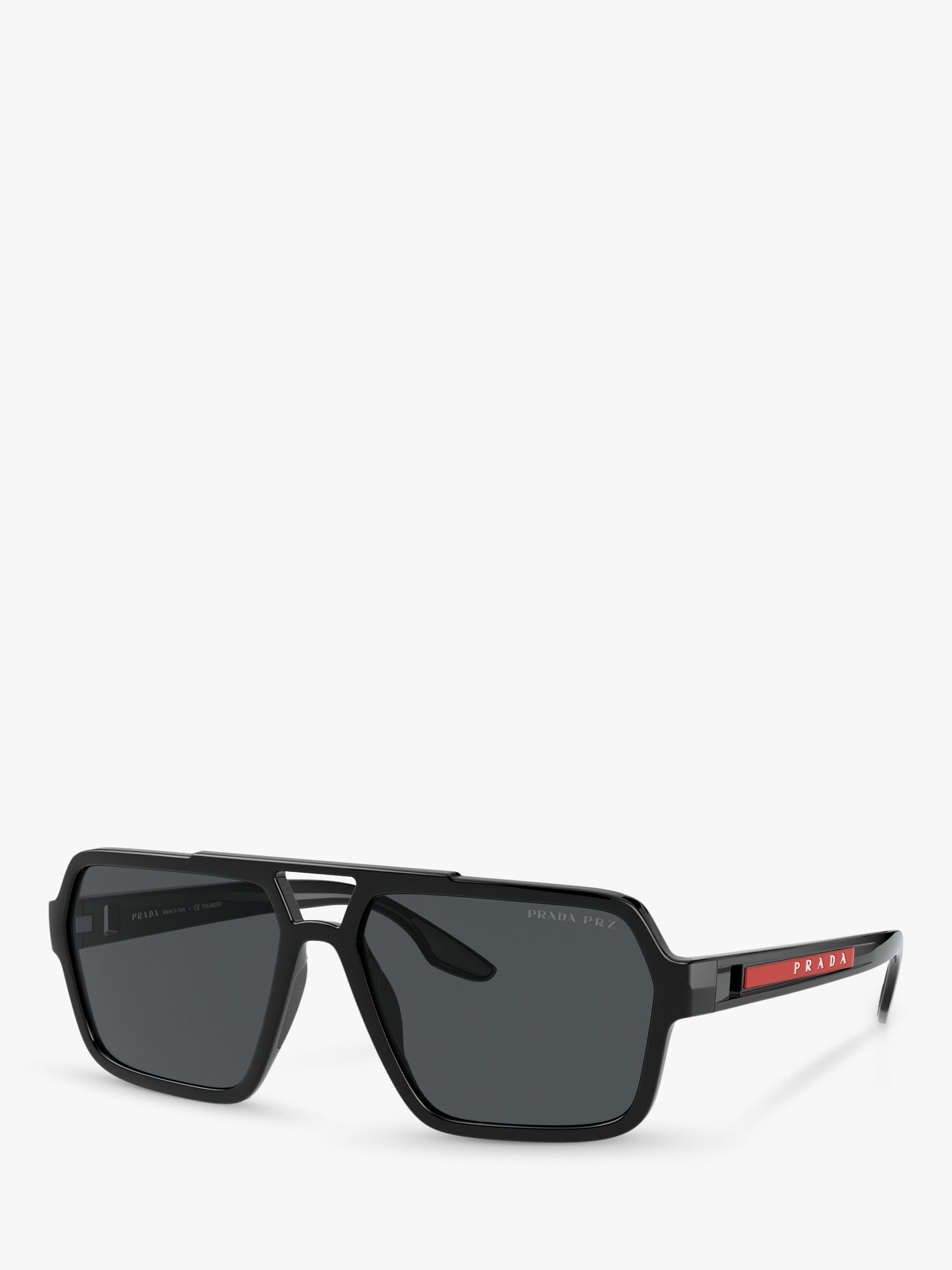 Prada PS 01XS Men's Polarised Rectangular Sunglasses, Black/Grey at John Lewis & Partners