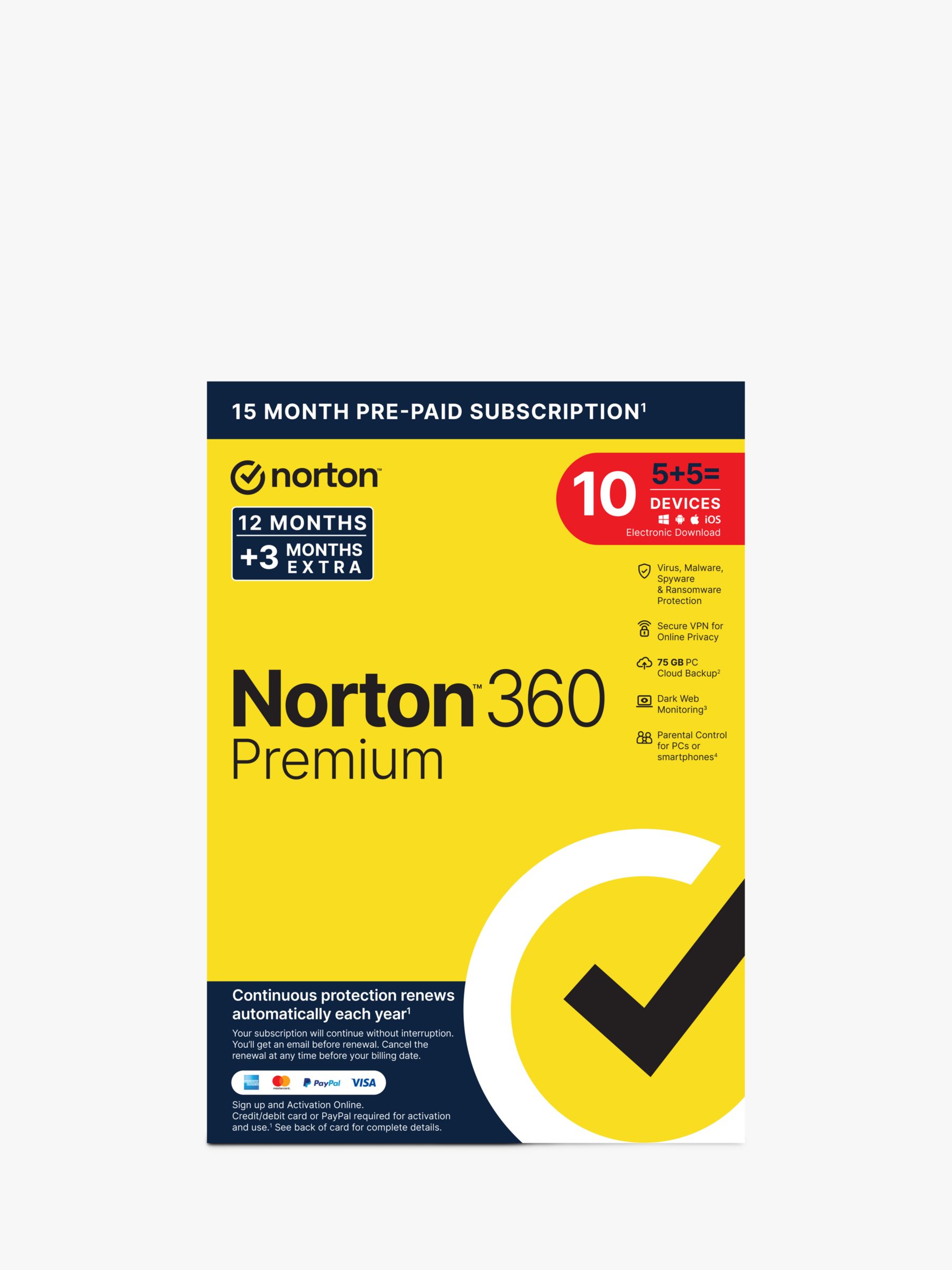 Norton 360 Premium, 15 Months Pre-Paid Subscription for 5 Devices and 5