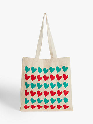 Give a Little Love Hearts Print Cotton Tote Bag, Teal/Red
