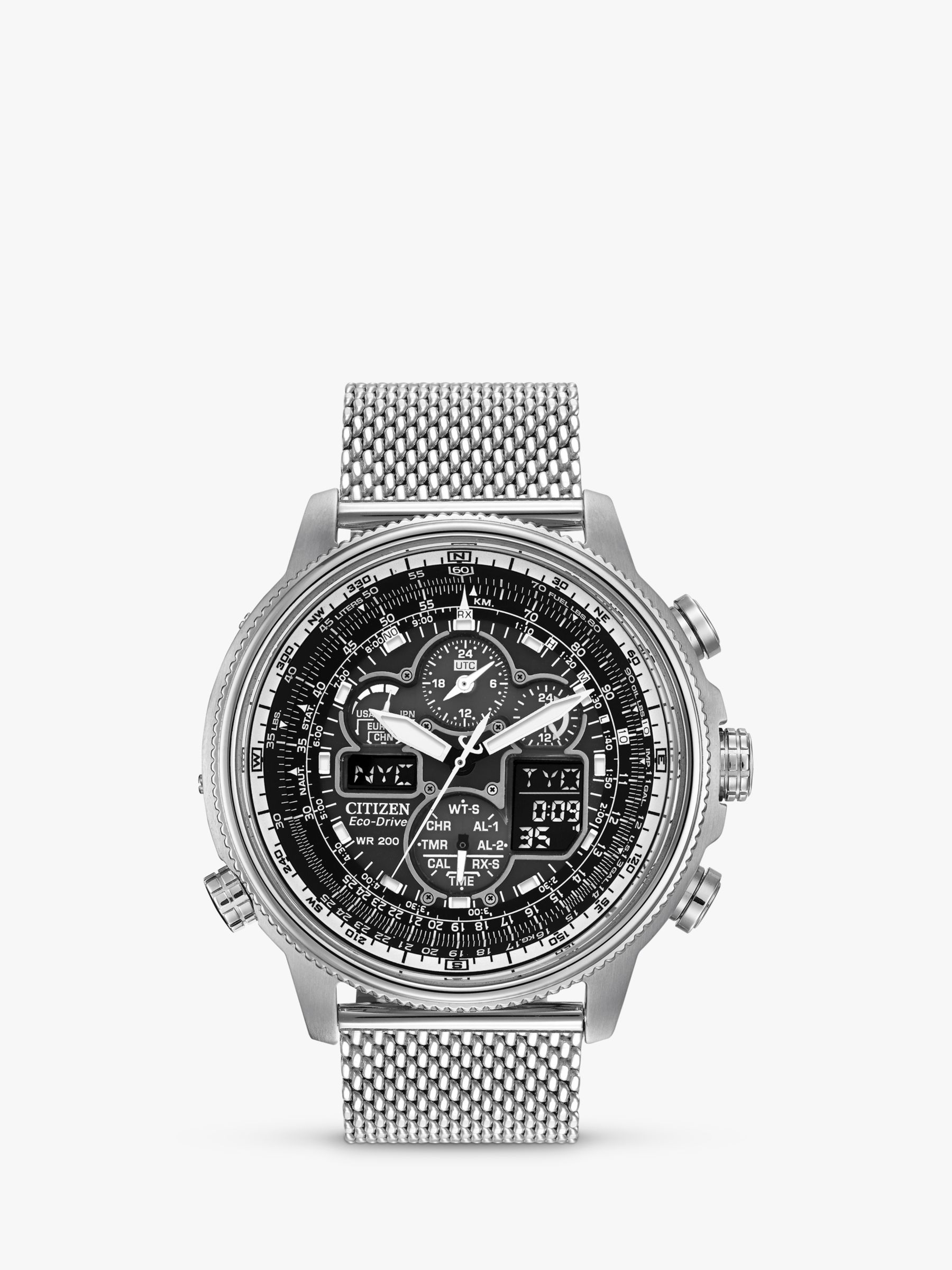 Citizen JY8030-83E Men's Navihawk A-T Chronograph World Time Mesh Bracelet  Strap Watch, Silver/Black at John Lewis & Partners