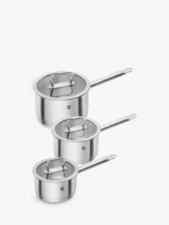 John Lewis Classic Glass Lid Stainless Steel Saucepan Set, 3 Pieces