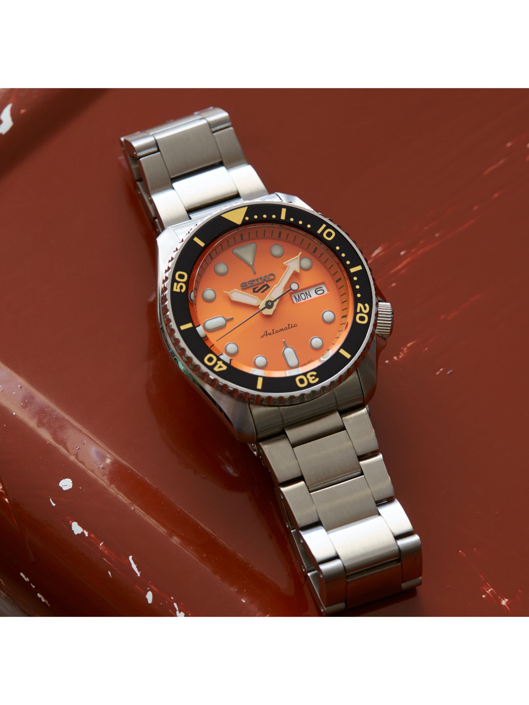 Buy Seiko SRPD59K1 Men's 5 Sports Automatic Day Date Bracelet Strap Watch, Silver/Orange Online at johnlewis.com