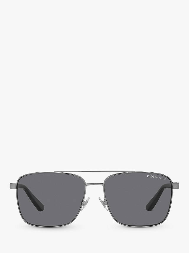 Ralph Lauren PH3137 Men's Rectangular Polarised Sunglasses, Gunmetal/Grey