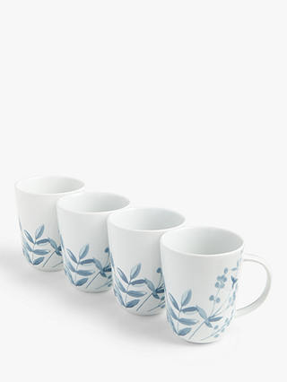 ANYDAY John Lewis & Partners Monochrome Floral Mugs, Set of 4, 420ml, Blue/White