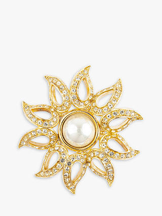 Eclectica Vintage Gold Plated Swarovski Crystal and Pearl Large Sunflower Brooch, Gold/Cream