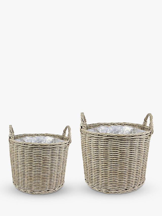 Ivyline Woven Rattan Outdoor Basket Planters, Set of 2, Natural
