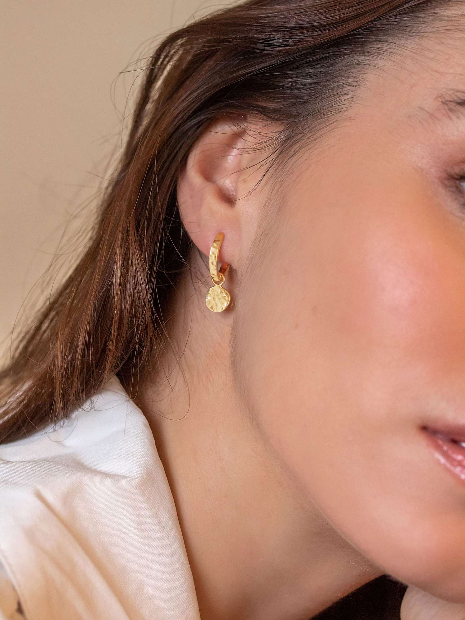 Buy Dower & Hall Yellow Gold Vermeil Hammered Disc Charm Story Hoop Earrings, Gold Online at johnlewis.com