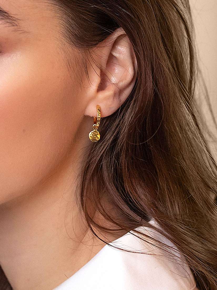 Buy Dower & Hall Yellow Gold Vermeil Hammered Disc Charm Story Hoop Earrings, Gold Online at johnlewis.com