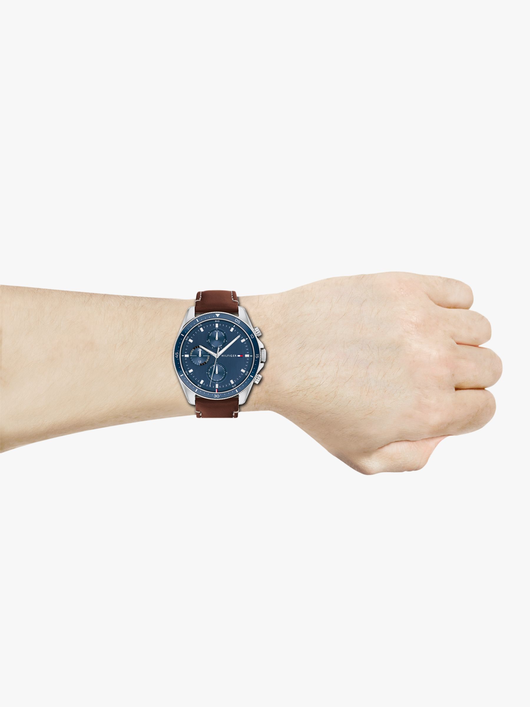 session Stjerne kit Tommy Hilfiger Men's Chronograph Leather Strap Watch, Brown/Blue 1791837 at  John Lewis & Partners