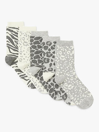 John Lewis Women's Organic Cotton Mix Animal Print Ankle Socks, Pack of 5, Grey/Cream