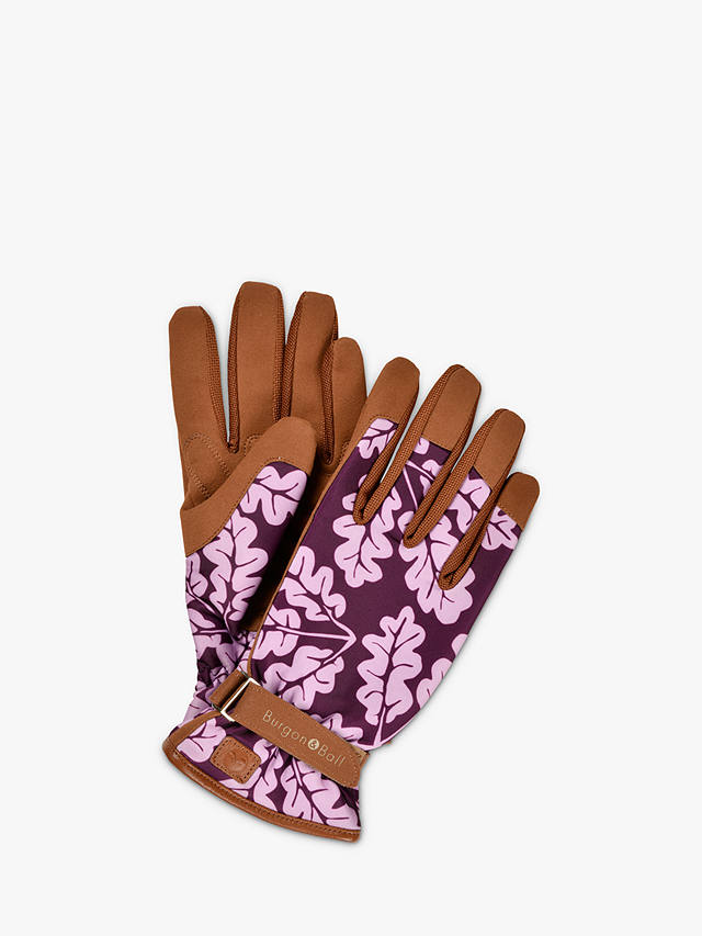 Burgon & Ball Love The Glove Leather Trim Oak Leaf Print Gardening Gloves, Plum