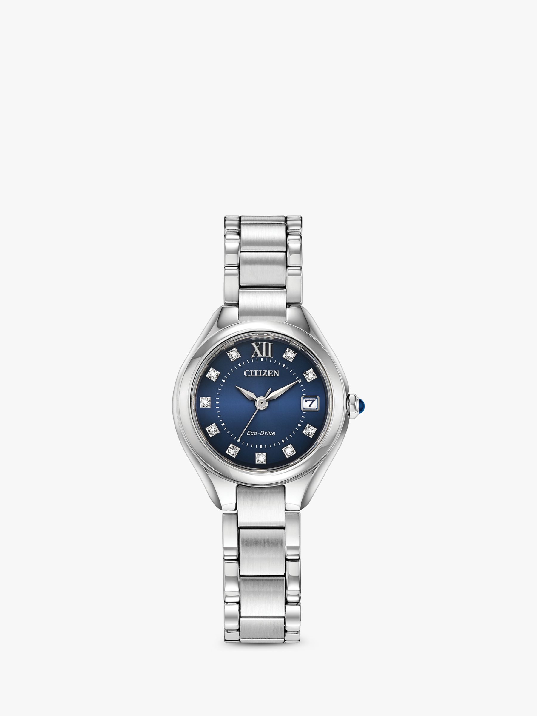 Citizen Women's Silhouette Eco-Drive Crystal Date Bracelet Strap Watch,  Silver/Blue EW2540-83L at John Lewis & Partners