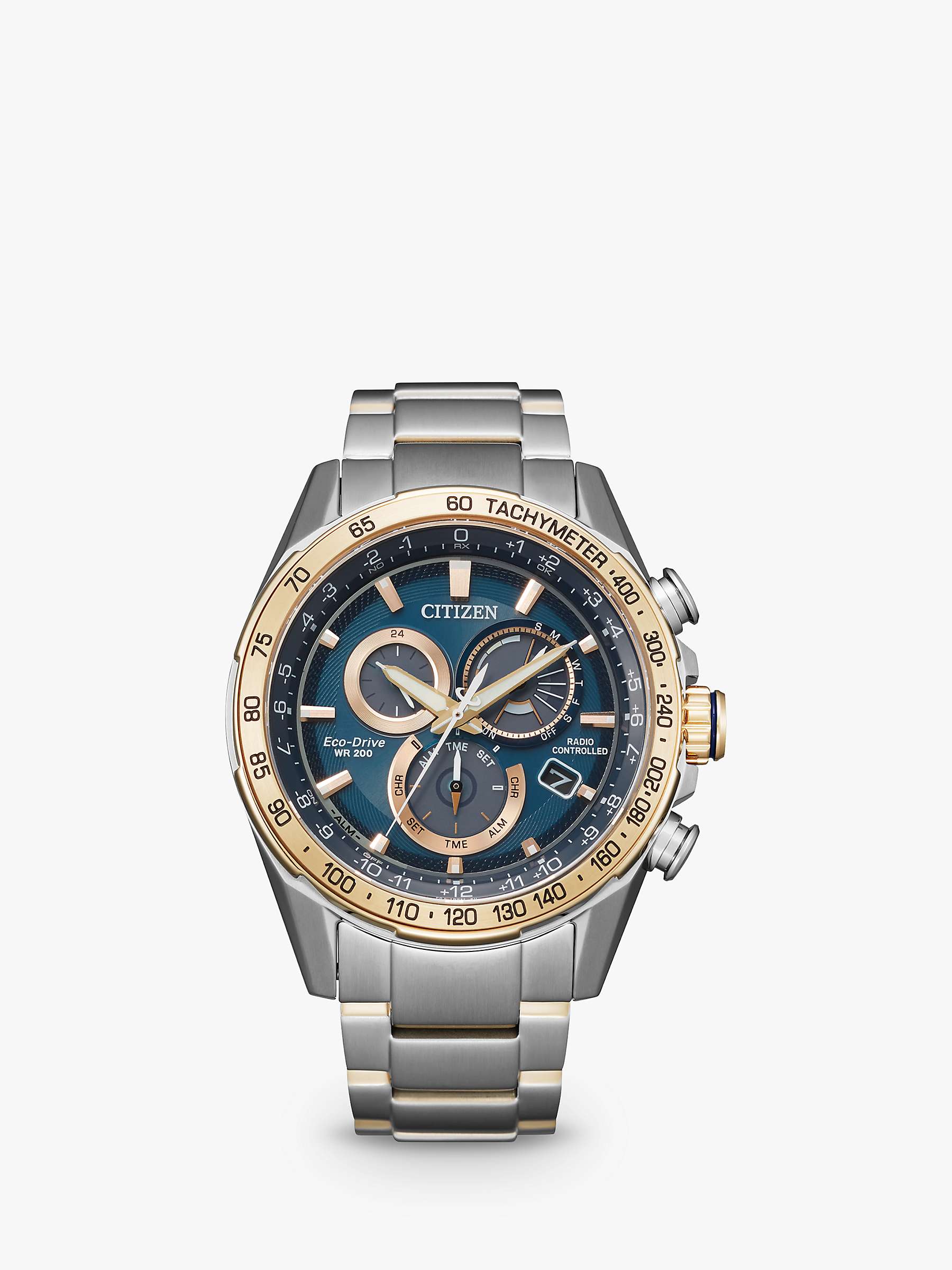 Buy Citizen CB5916-59L Men's Perpetual Chrono A.T Eco-Drive Chronograph Date Bracelet Strap Watch, Silver/Blue Online at johnlewis.com