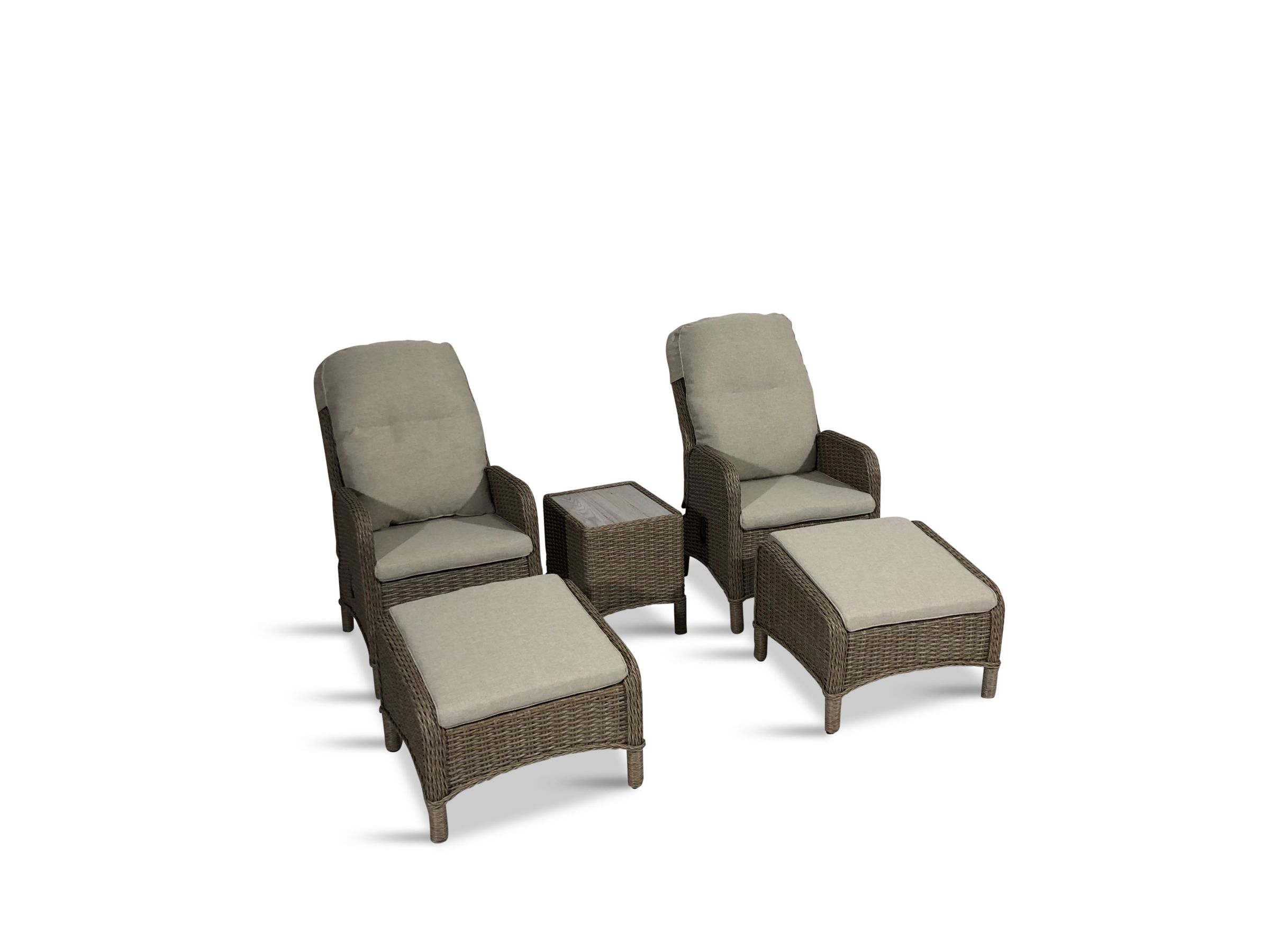 LG Outdoor Bergen 2-Seat Garden Side Table & Reclining Chairs with Footstools Set, Natural/Sandy Grey