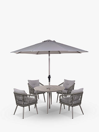 LG Outdoor Sarasota 4-Seat Round Garden Dining Table & Armchairs Set with Parasol, Grey