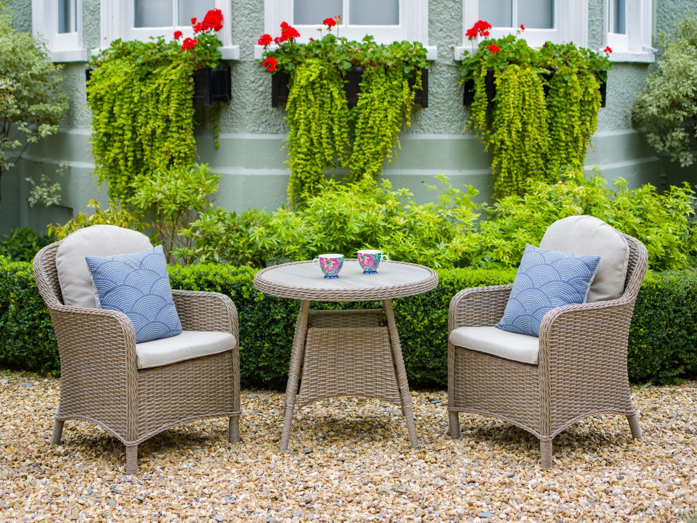 LG Outdoor Bergen 2-Seat Round Garden Bistro Table & Armchairs Set, Natural/Sandy Grey